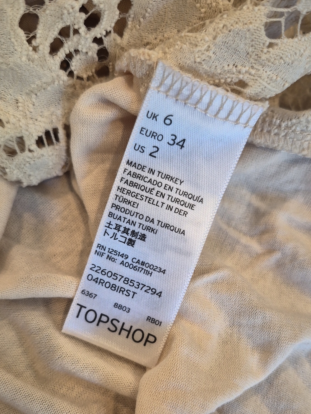 TOPSHOP 3/4 Sleeve Transparent Cream Colored Lace Top, XXS - Picture 5 of 14